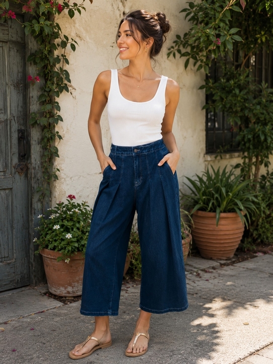 Rosewood Denim - Rosewood Pleated Wide Leg Cropped Jeans Size 12/30 Dark Wash Denim